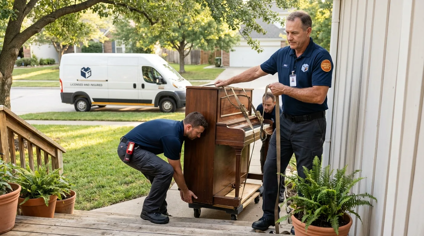 Licensed piano movers securing grand piano in Ocean Springs, MS