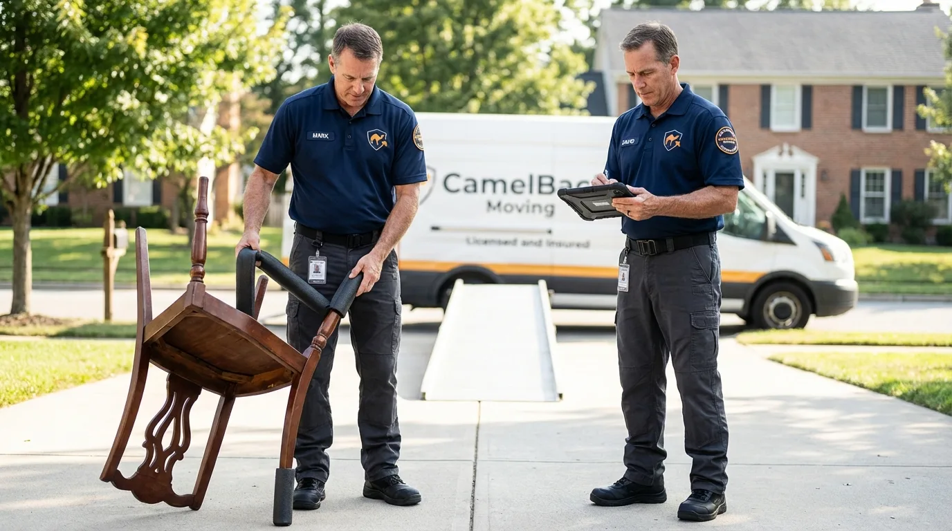 Movers inspecting furniture for damage prevention before loading in Ocean Springs, MS