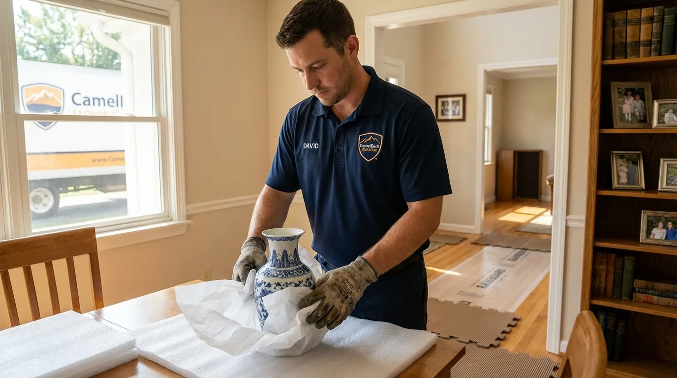 Professional crew carefully wrapping antique vase for senior downsizing move in Ocean Springs, MS